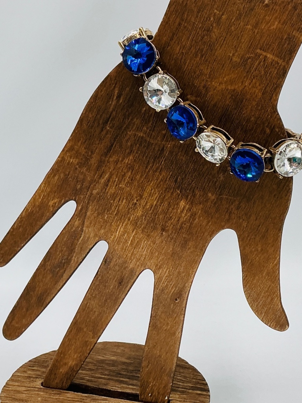 Vintage Bracelet Chunky Rhinestone Blue Clear Gold Tone Statement Fancy Tennis